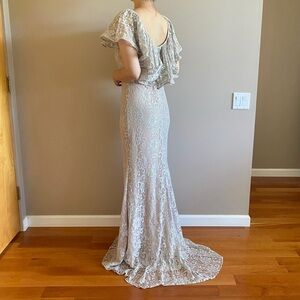 Badgley Mischka collection metallic lace gown maxi dress silver